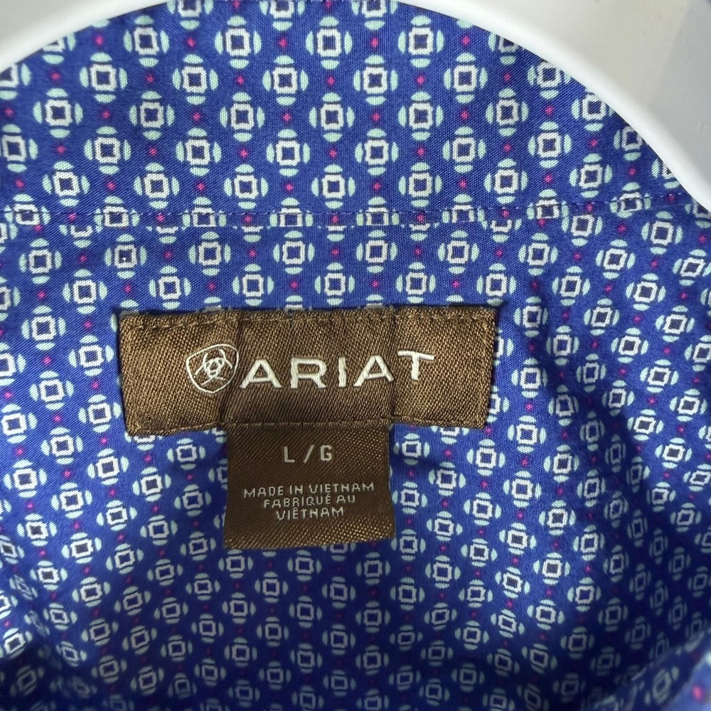 Ariat Mens L Shirt Blue Geometric Pearl Snap Western Cowboy Workwear Classic - Picture 3 of 9